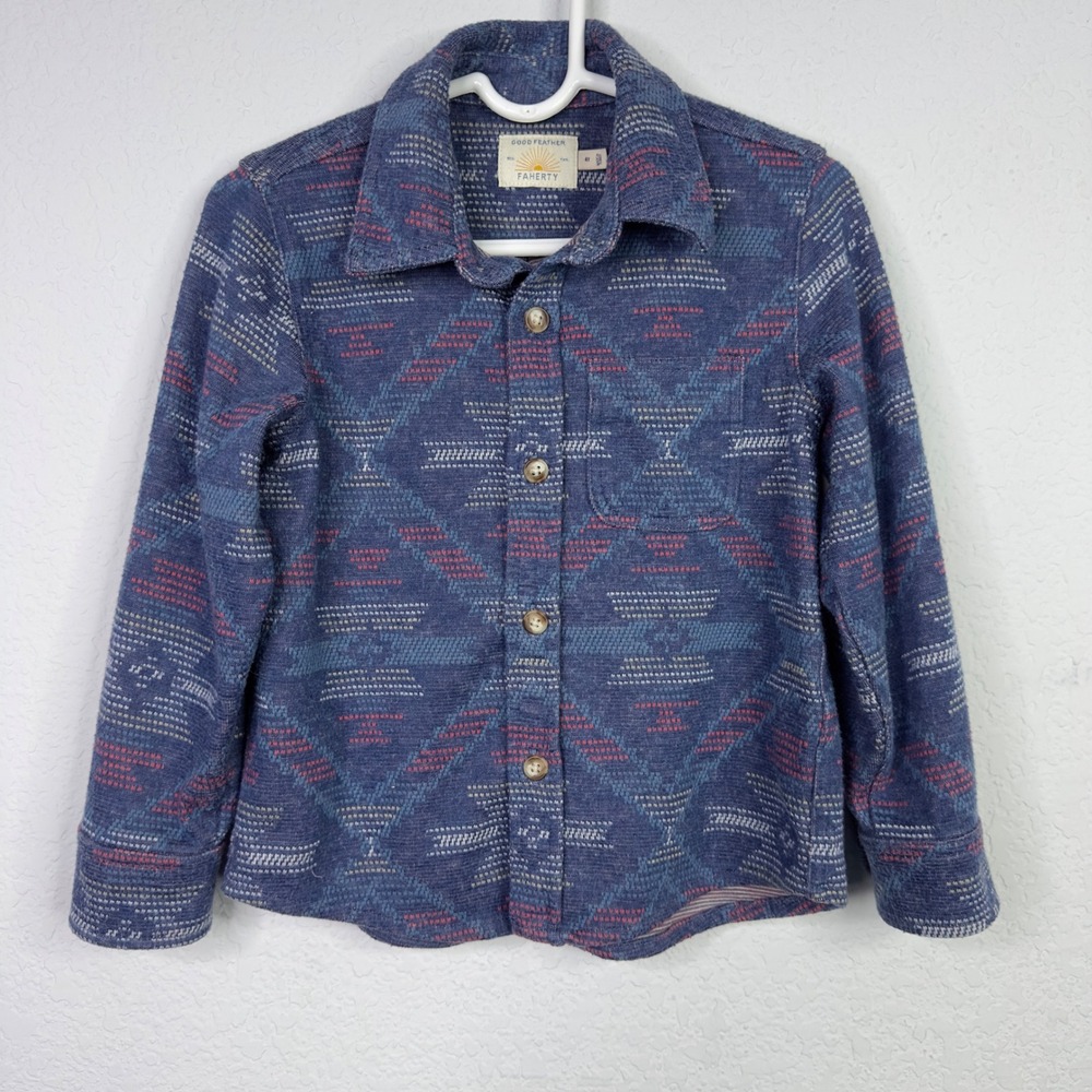 Faherty Good Feather Shirt Boys 4T Blue Geometric Button‎ Southwestern Outdoor